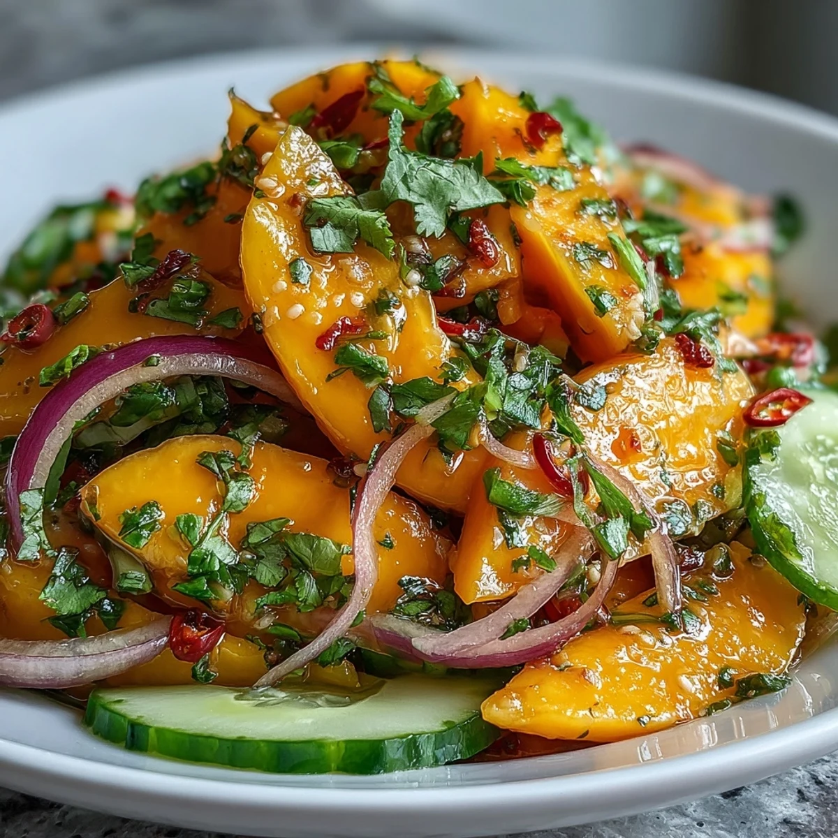 Freshly tossed Refreshing Mango Salad with Lime Dressing in a white bowl, garnished with cilantro, cucumber, and lime wedges.