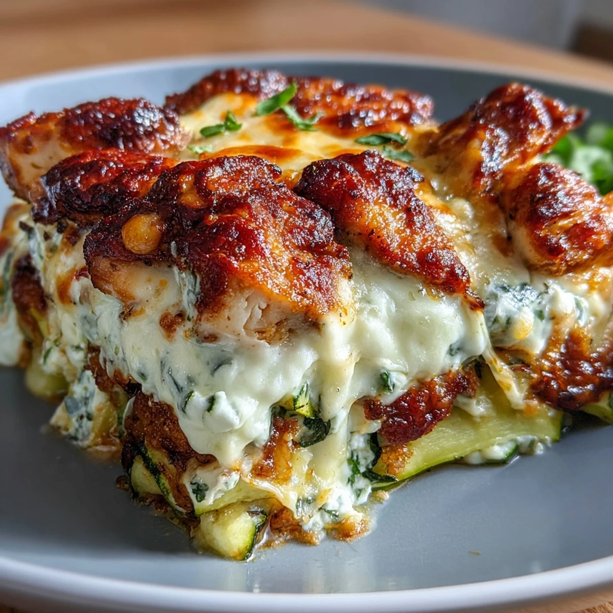 A slice of High Protein Chicken Zucchini Bake revealing juicy chicken, crisp zucchini, and melted Parmesan on a white ceramic plate.