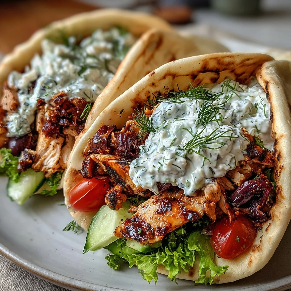 Golden charred strips of Mediterranean Chicken Gyros stacked on pita with cool feta tzatziki, red onions, and vibrant Kalamata olives.