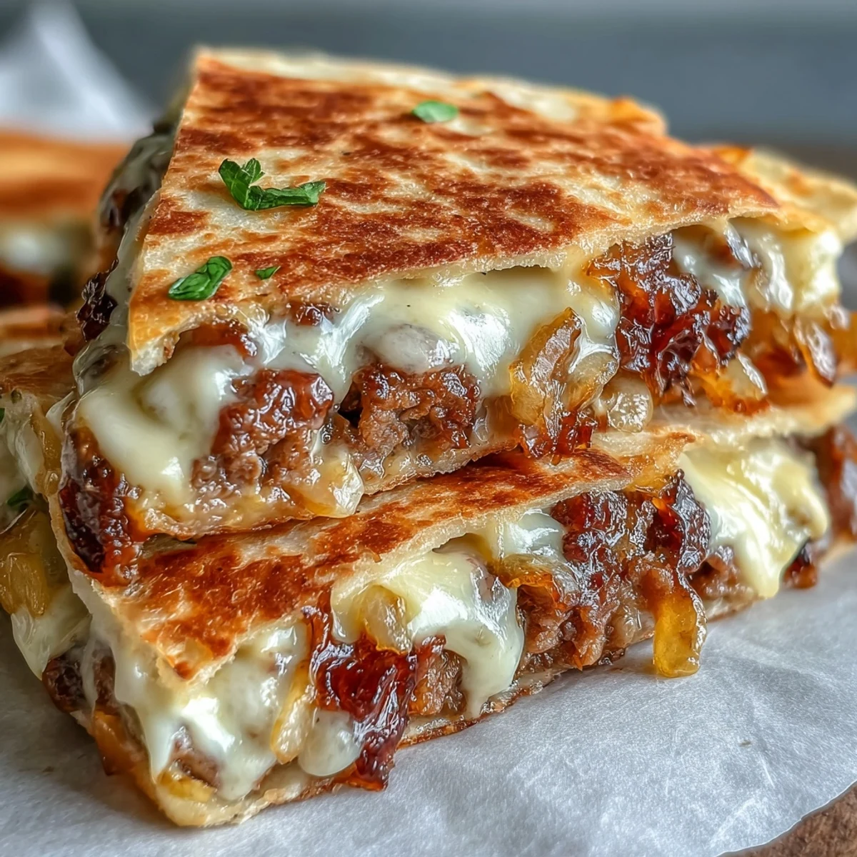 Sizzling flat-top quesadillas stuffed with smashburger beef and gooey cheese, garnished with fresh cilantro and dill pickles.