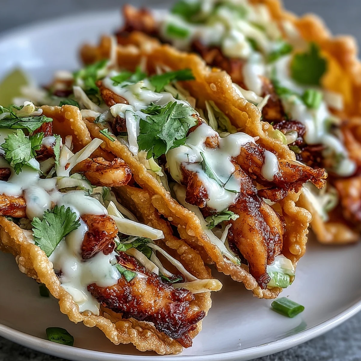 Golden, crispy wonton shells cradle ginger-marinated chicken, slaw, and cilantro in this Crispy Chicken Wonton Tacos recipe.