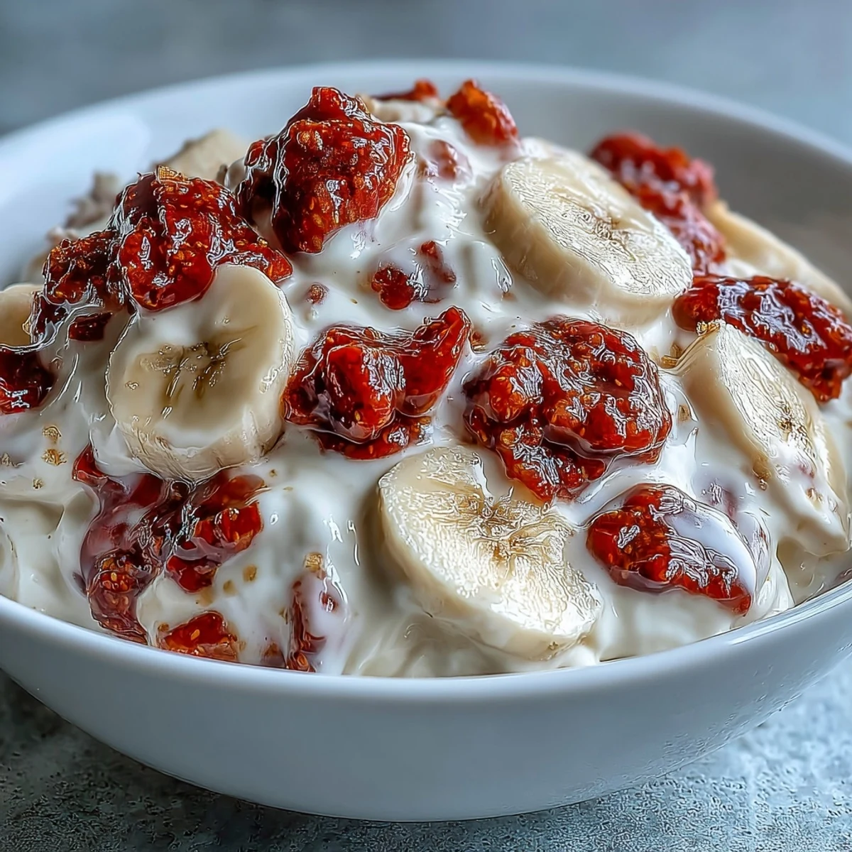 Frozen Strawberry & Banana Yoghurt Clusters on a parchment-lined baking sheet, ready to be served.