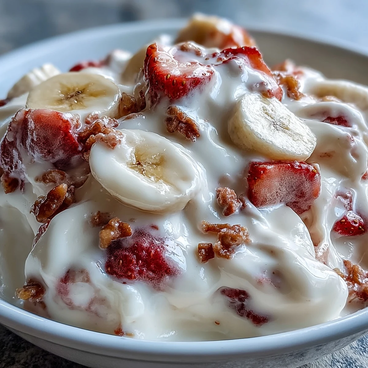 Strawberry & Banana Yoghurt Clusters stacked in a glass bowl, topped with extra banana chips and strawberries.