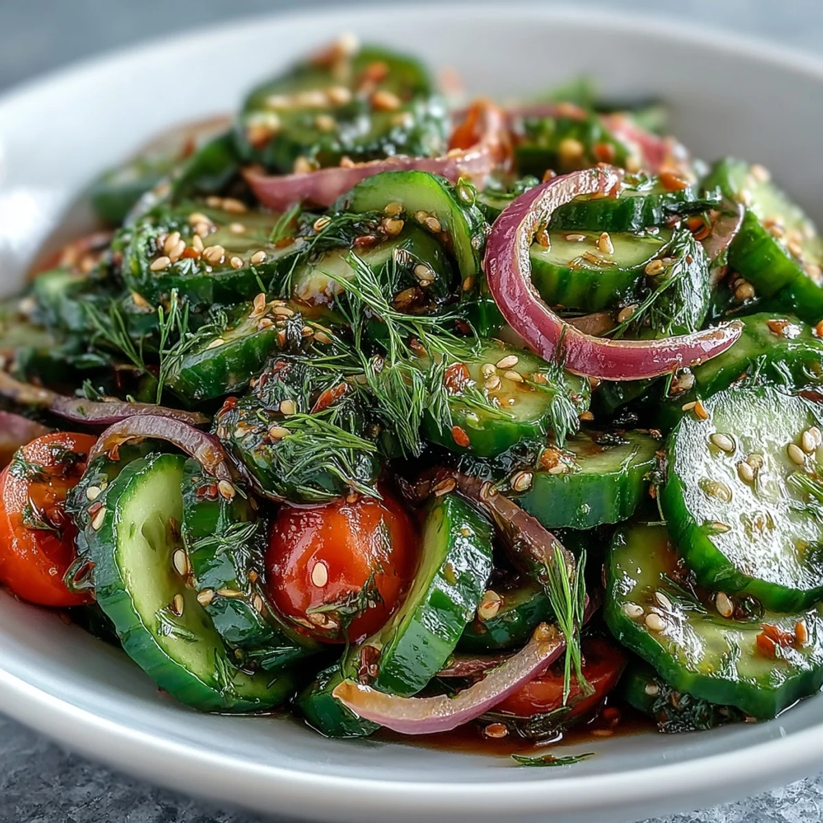 Plate of Refreshing Crunchy Cucumber Salad garnished with dill fronds, sesame seeds, and bright veggies ready for a refreshing bite.