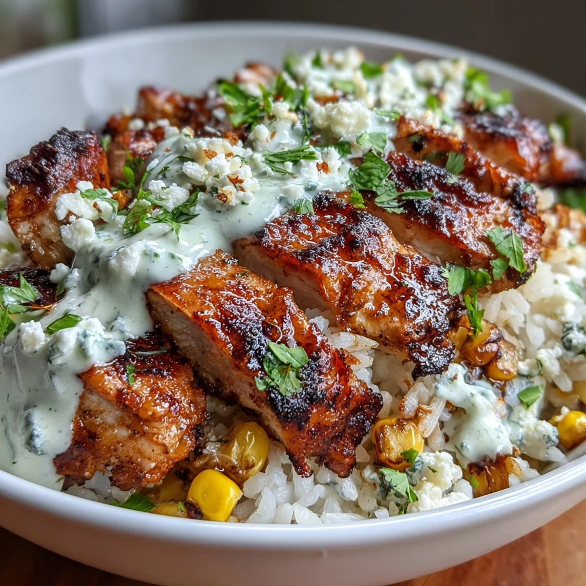 Sizzling Street Corn Chicken and Rice Bowl featuring golden chicken thighs, vibrant charred corn, fresh cilantro, and a creamy chili-lime drizzle served over steaming white rice.