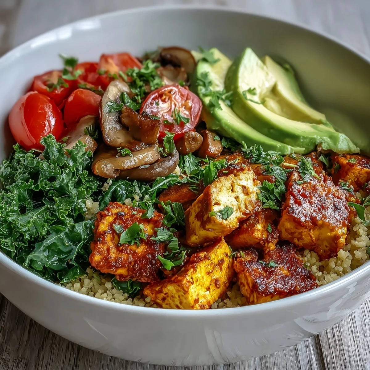 Vibrant scrambled tofu breakfast bowl with golden tofu, sautéed kale, and garlicky mushrooms over fluffy whole wheat couscous, garnished with fresh parsley. 