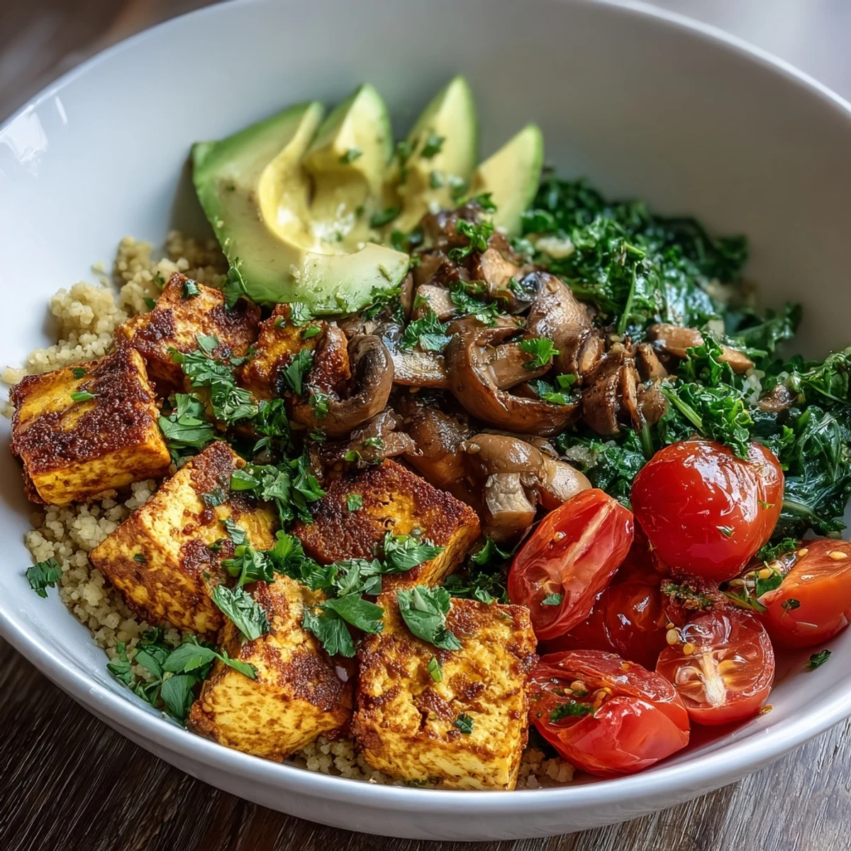 Colorful vegan breakfast bowl features turmeric tofu scramble, savory mushrooms, bright green kale, and couscous topped with creamy avocado and cherry tomatoes. 