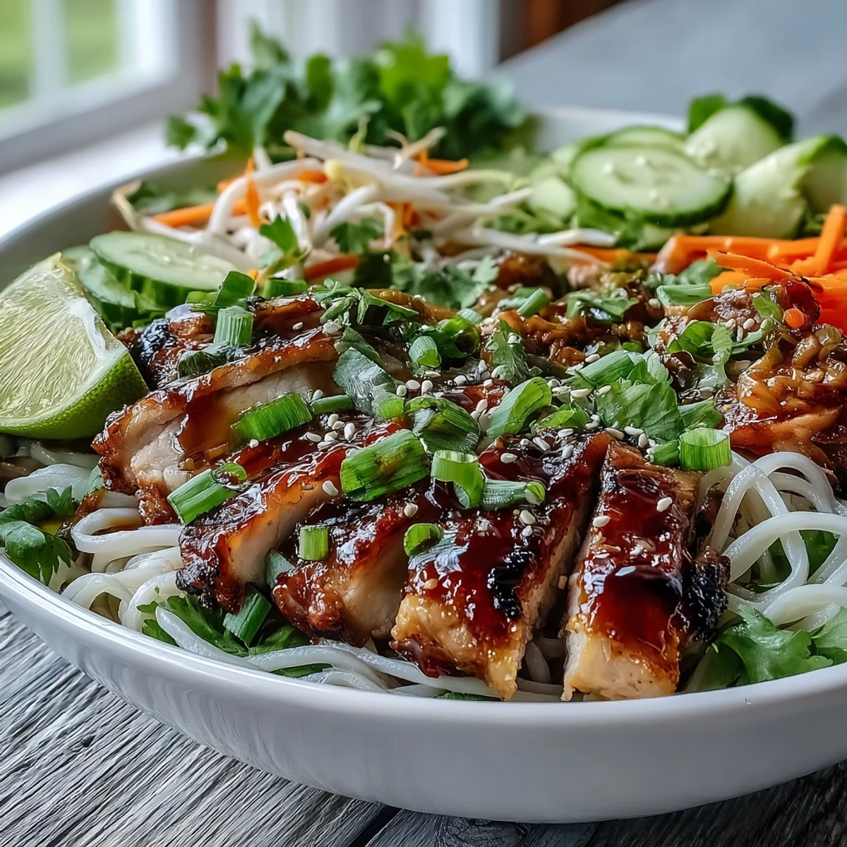 Brightly colored Asian Chicken Noodle Bowl filled with tender chicken, crisp veggies, and sesame seeds.
