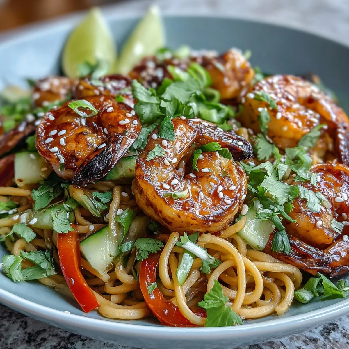 Succulent grilled shrimp sit atop a vibrant 15-Minute Asian Noodle Bowl, garnished with fresh cilantro and lime wedges.