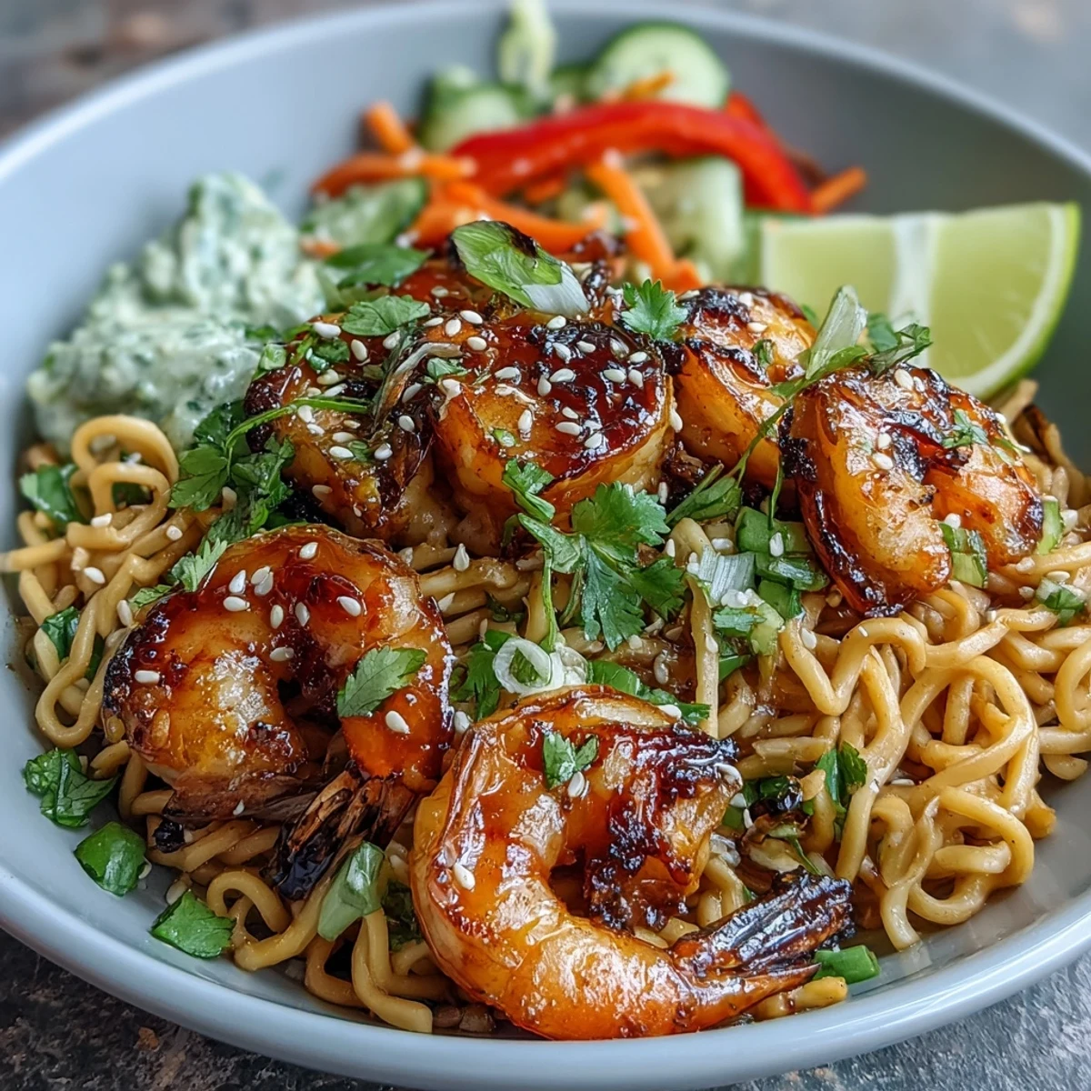 Colorful julienned vegetables and sesame seeds garnish a freshly plated 15-Minute Asian Noodle Bowl with grilled shrimp.