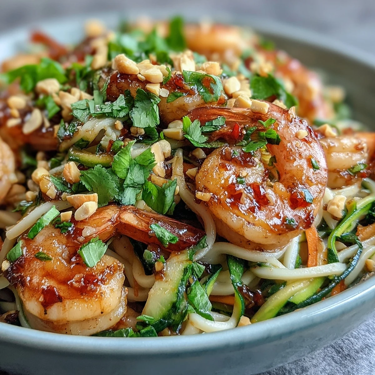 Freshly tossed Asian Noodle Bowl with plump shrimp, julienned zucchini, and carrots in a glossy sauce, garnished with chopped peanuts and cilantro.
