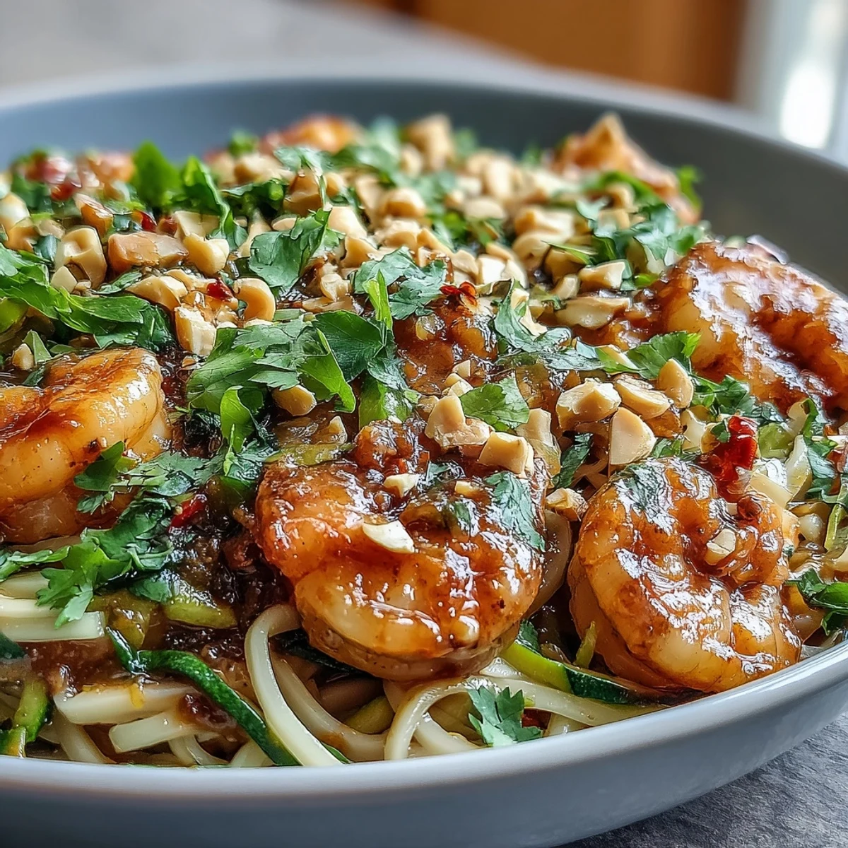 Steaming Asian Noodle Bowl featuring juicy shrimp, rice noodles, and vibrant vegetables, topped with crunchy peanuts and fresh herbs for a quick dinner.