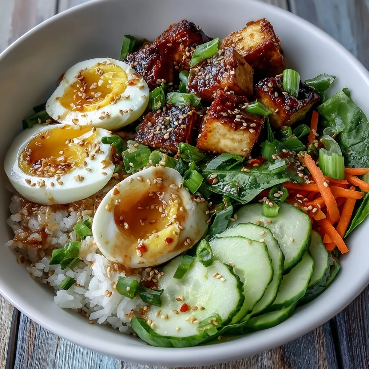 Steamy halved jammy egg rests atop a Tofu Jammy Egg Breakfast Bowl with fluffy rice and fresh spinach.