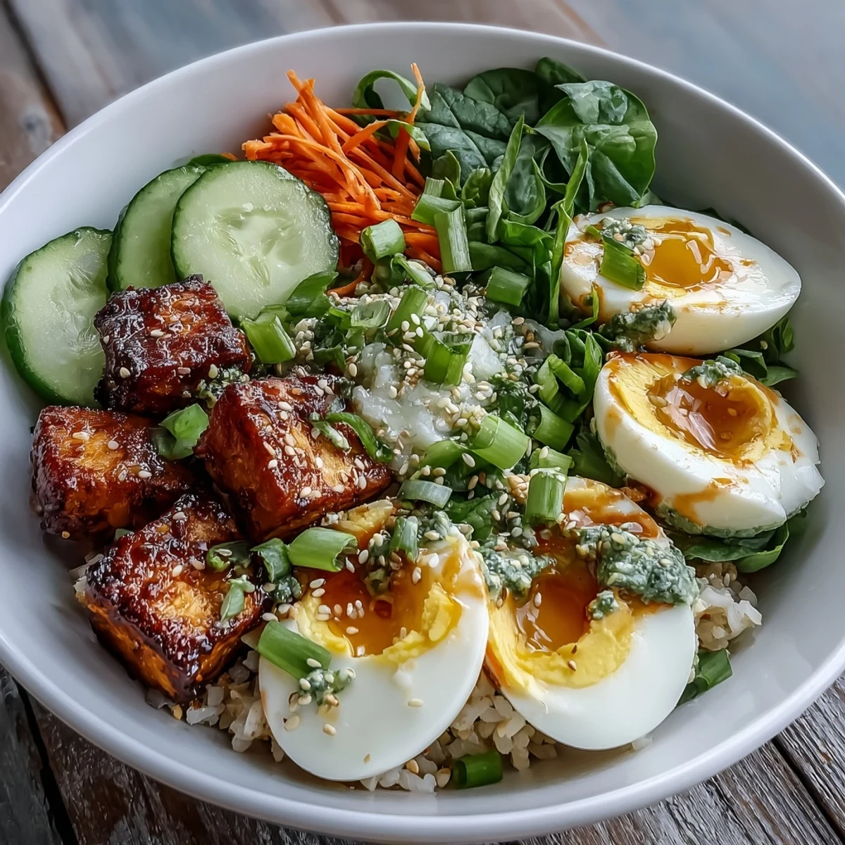 Golden tofu cubes and crisp cucumber slices add texture to a vibrant Tofu Jammy Egg Breakfast Bowl.