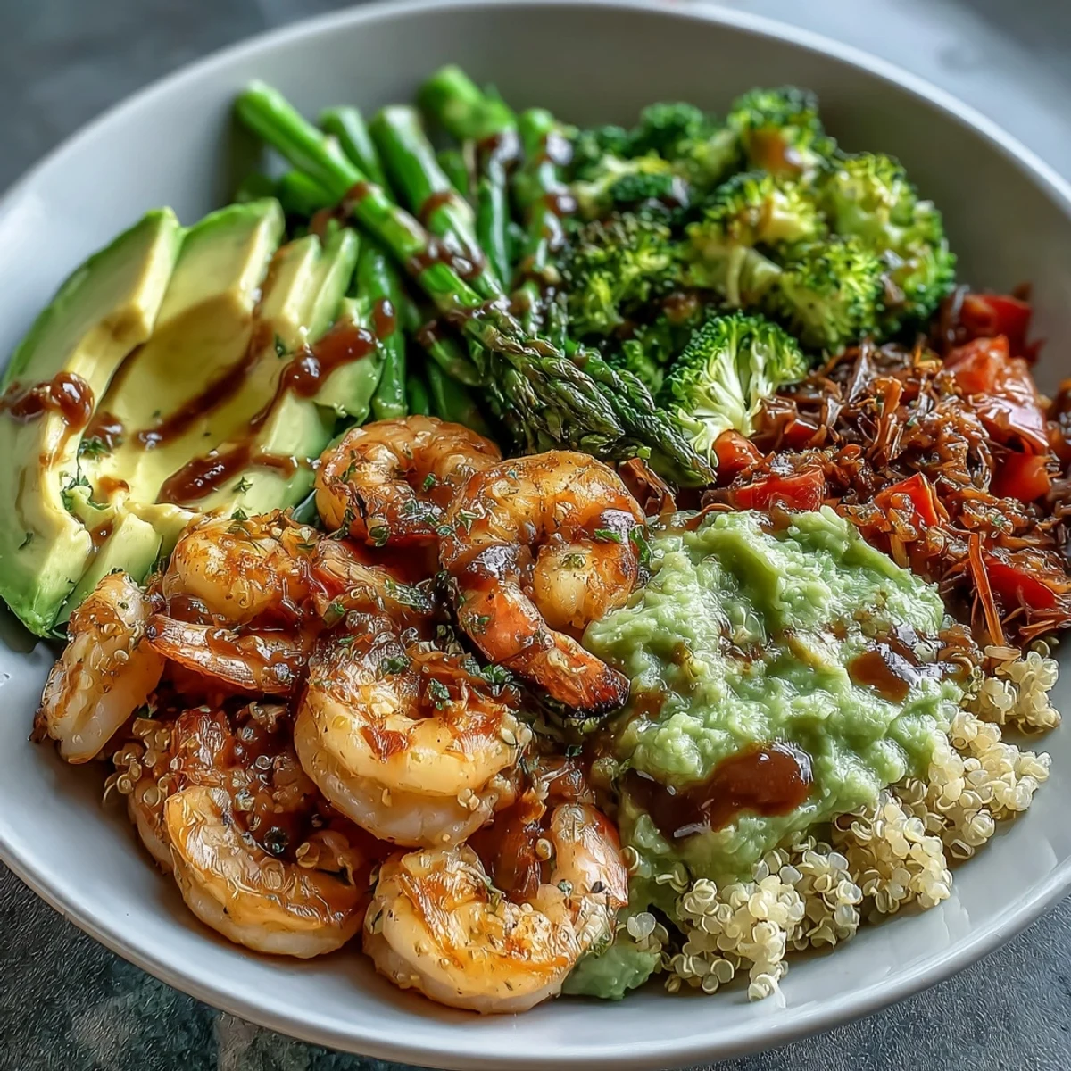Ready-to-eat Rainbow Vegetable Detox Bowl garnished with fresh herbs, featuring a rich balsamic dressing drizzled over the nutritious quinoa and vegetables.