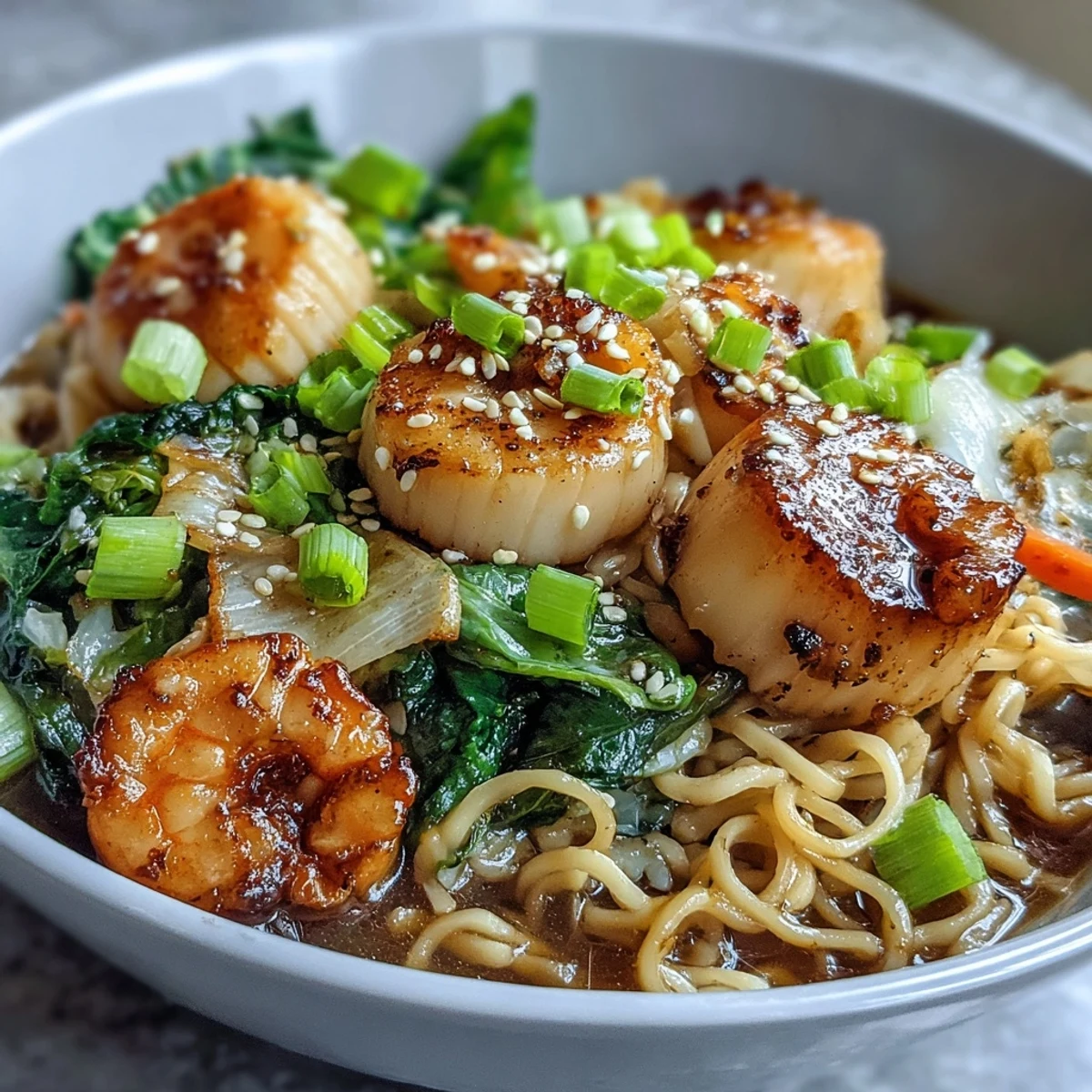 Asian Noodle Bowl with Shrimp and Scallops in a savory broth with crisp veggies and fresh lime wedges.