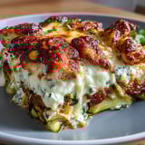 A slice of High Protein Chicken Zucchini Bake revealing juicy chicken, crisp zucchini, and melted Parmesan on a white ceramic plate.