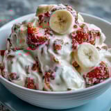 A close-up of Strawberry & Banana Yoghurt Clusters with freeze-dried fruit pressed into creamy swirls.