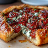 Rustic roasted cherry tomato and feta galette, golden brown and bursting with flavor.
