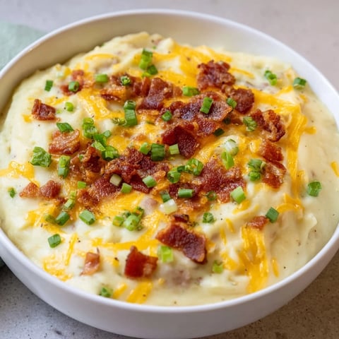 A close-up of creamy Crockpot Loaded Baked Potato Soup, topped with crispy bacon and cheese.