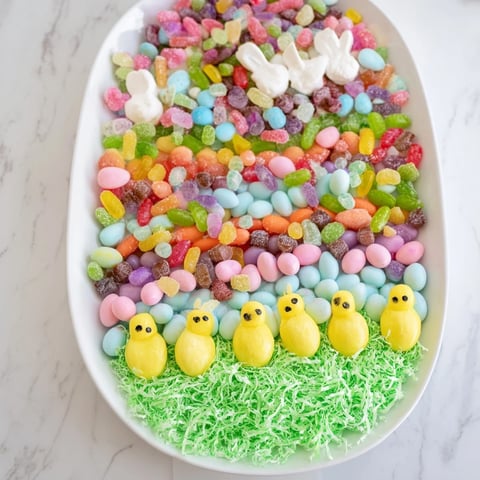 Festive Egg-Shaped Candy Platter filled with colorful chocolates, jelly beans, and Easter treats for sharing.