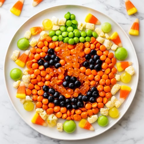 Delicious Jack-o-Lantern Candy Board: a colorful, festive candy arrangement perfect for your Halloween gathering.