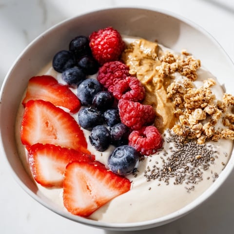 A refreshing Protein Ice Cream Bowl, with vibrant berries and creamy yogurt swirls.