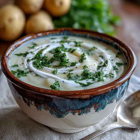 Creamy potato leek soup in a rustic bowl topped with fresh chives and a swirl of cream.
