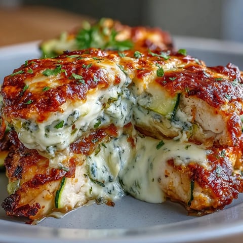 Golden-seared chicken and zucchini slices layered with creamy yogurt and topped with bubbly mozzarella in the High Protein Chicken Zucchini Bake.