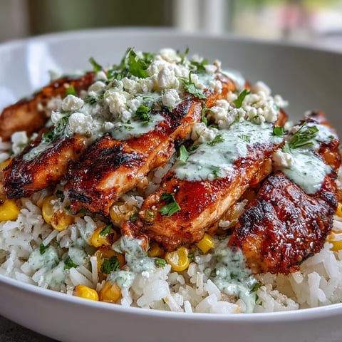 Grilled citrus-marinated chicken slices over fluffy rice topped with smoky charred corn, drizzled with zesty crema and crumbled cotija cheese in a Street Corn Chicken and Rice Bowl.