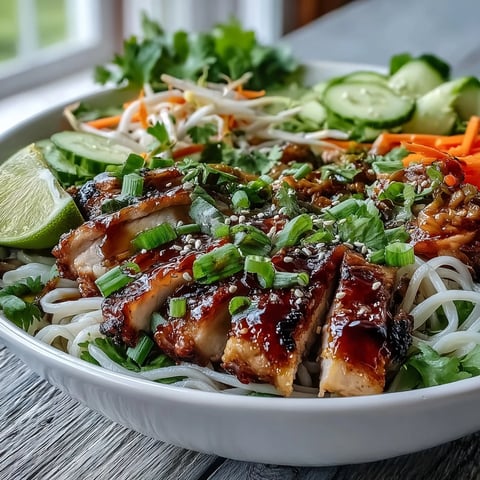 Brightly colored Asian Chicken Noodle Bowl filled with tender chicken, crisp veggies, and sesame seeds.