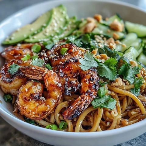 Over charred skewers of Grilled Shrimp Asian Noodle Bowl, fresh cucumbers and sprouts add crunch.