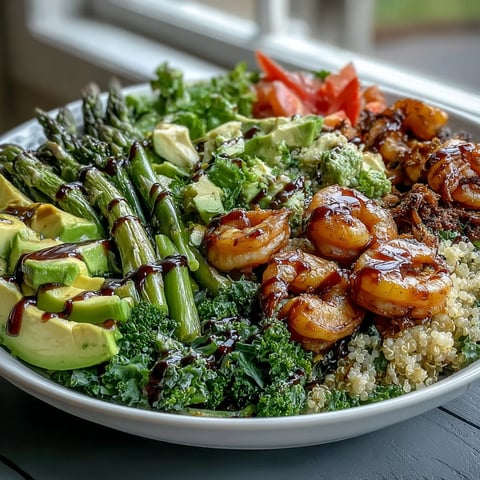 A close-up of the Rainbow Vegetable Detox Bowl, featuring plump sautéed shrimp nestled against fluffy quinoa with vibrant red cabbage and green asparagus. 