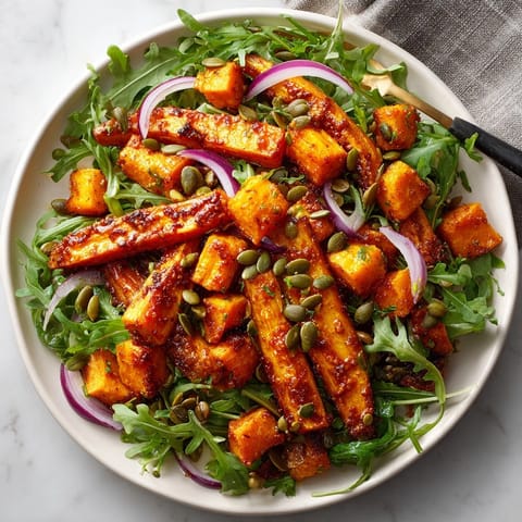 Vibrant Roasted Carrot &amp; Sweet Potato Salad with Honey Dijon dressing, a healthy lunch.