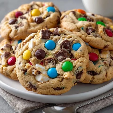 A tempting stack of chewy gluten-free monster cookies, perfect with a glass of milk.