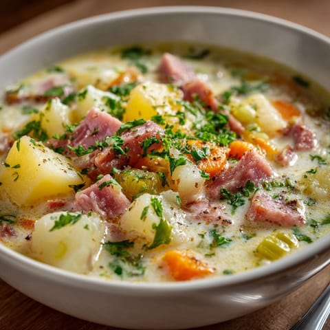 Warm bowl of Ham & Potato Soup, garnished with fresh parsley, steaming comfort food.