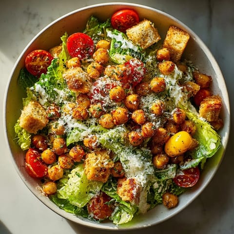 Crisp romaine lettuce dressed in tangy Caesar next to savory Chickpea Caesar Salad.