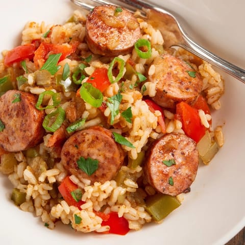 Savory one-pan Cajun Sausage and Rice Skillet, ready to serve for a flavorful dinner.