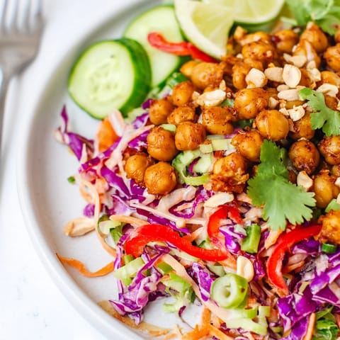 Golden-brown chickpeas enhance the texture of this fresh Thai Peanut Toasted Chickpea Salad.