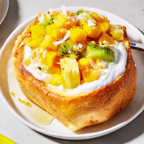 Golden-baked yogurt-custard toast with diced mango, kiwi, and a coconut sprinkle.  