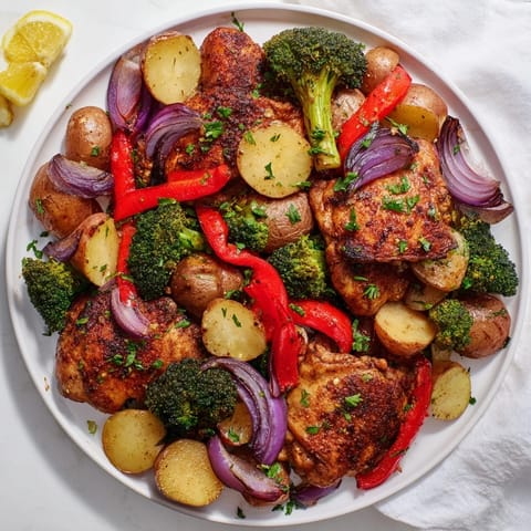 Juicy chicken thighs and vibrant veggies simmer together in a Lazy Gourmet One-Pot.  