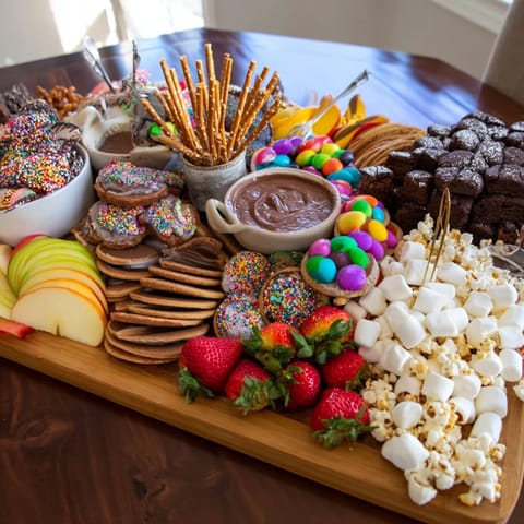 Vibrant dessert boards showcasing themed snacks and delectable treats for gatherings.  