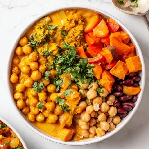 Colorful Thai Red Lentil Curry, vibrant vegetables steaming in a rich coconut broth.  