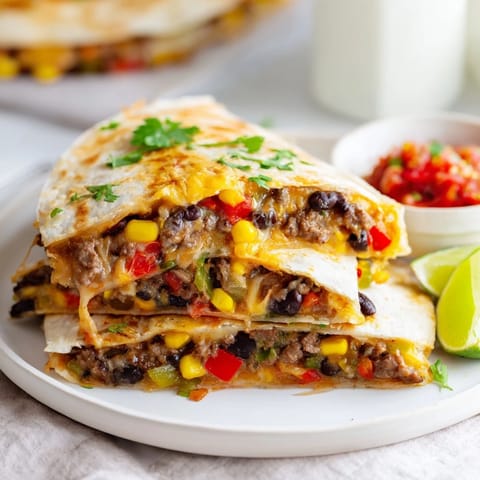 Deliciously golden Sheet Pan Quesadillas packed with seasoned beef, cheese, and colorful veggies.  