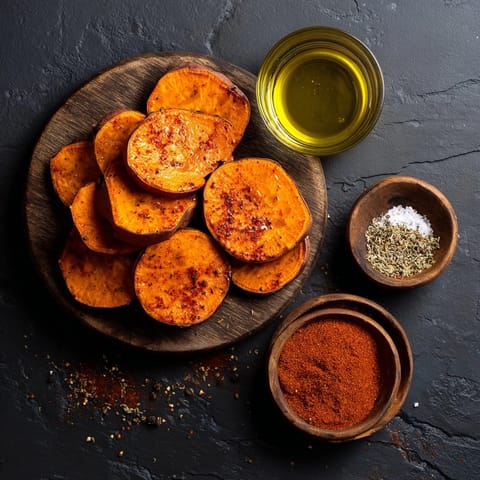 Close-up of crispy roasted sweet potato wedges, ready to dip in herbed yogurt sauce.