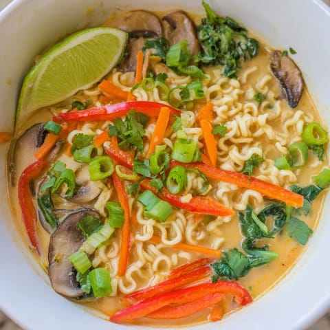 Flavorful Curry Coconut Ramen with vibrant vegetables, floating in a creamy coconut broth, ready to slurp.