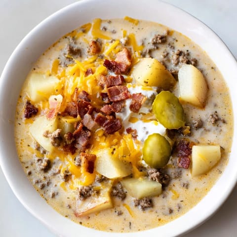 Thick, hearty Crockpot Cheeseburger Soup: a comforting slow-cooked meal loaded with rich cheddar cheese.