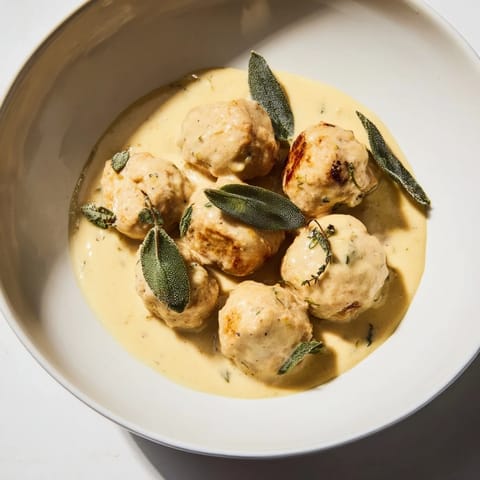 A hearty bowl of turkey meatballs with pumpkin sage sauce, perfect for a fall meal.