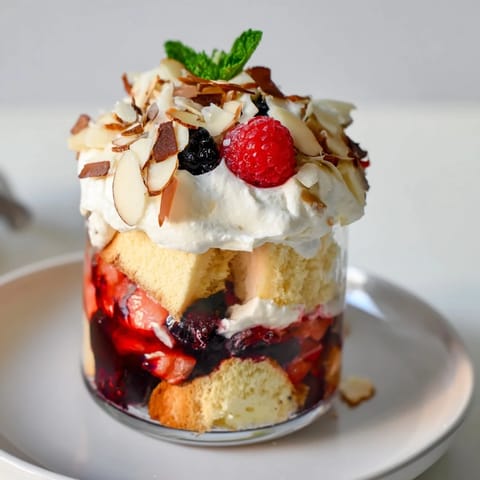 Individual Christmas Trifle Cups showcasing luscious layers of sponge cake, berries, and whipped cream, ready to serve.