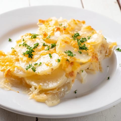 This savory, layered Budget-Friendly Potato Layer Bake is baked to perfection and bubbling hot.